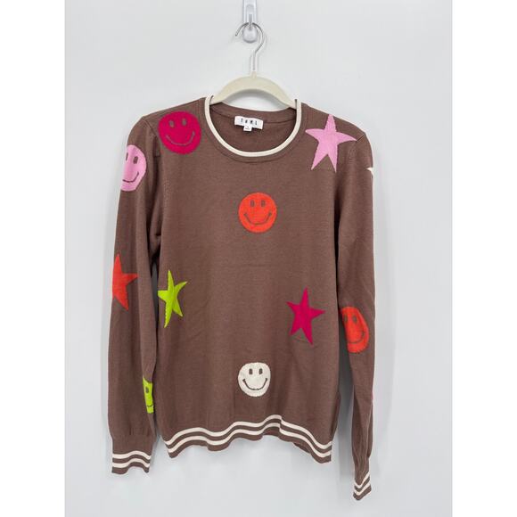 THML Super Soft Brown Smiley Star Print Sweater Size Large - Picture 1 of 7